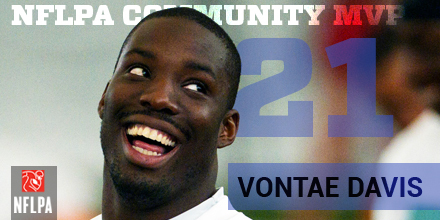 Close shot of Vontae Davis laughing and looking to the side. Text reads: "NFLPA COMMUNITY MVP 21"